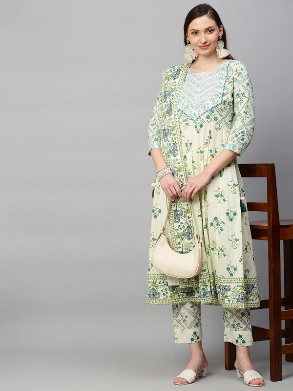 Floral Printed & Embroidered Anarkali Kurta with Pants & Dupatta - Off White - Indiakreations