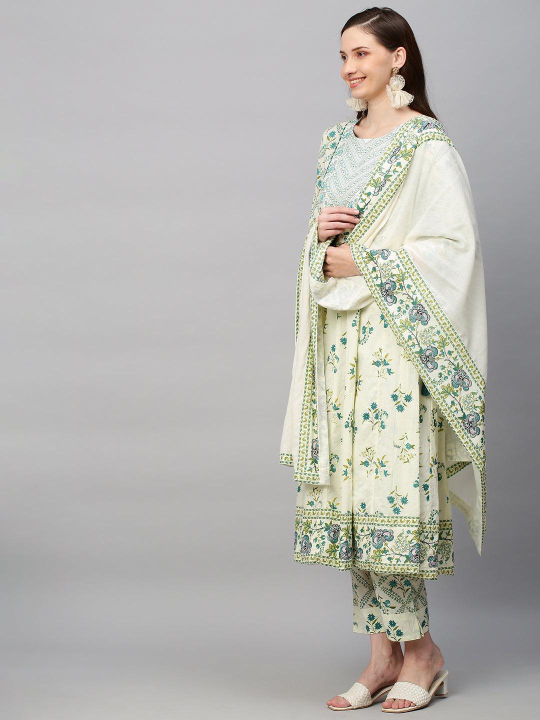 Floral Printed & Embroidered Anarkali Kurta with Pants & Dupatta - Off White - Indiakreations