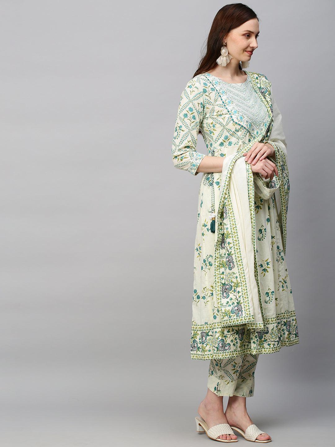 Floral Printed & Embroidered Anarkali Kurta with Pants & Dupatta - Off White - Indiakreations