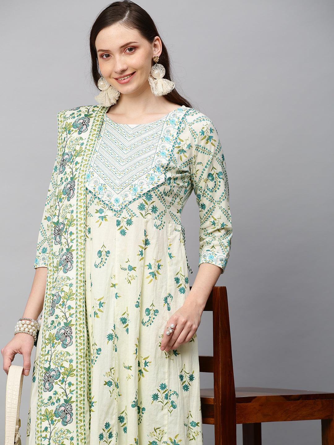 Floral Printed & Embroidered Anarkali Kurta with Pants & Dupatta - Off White - Indiakreations