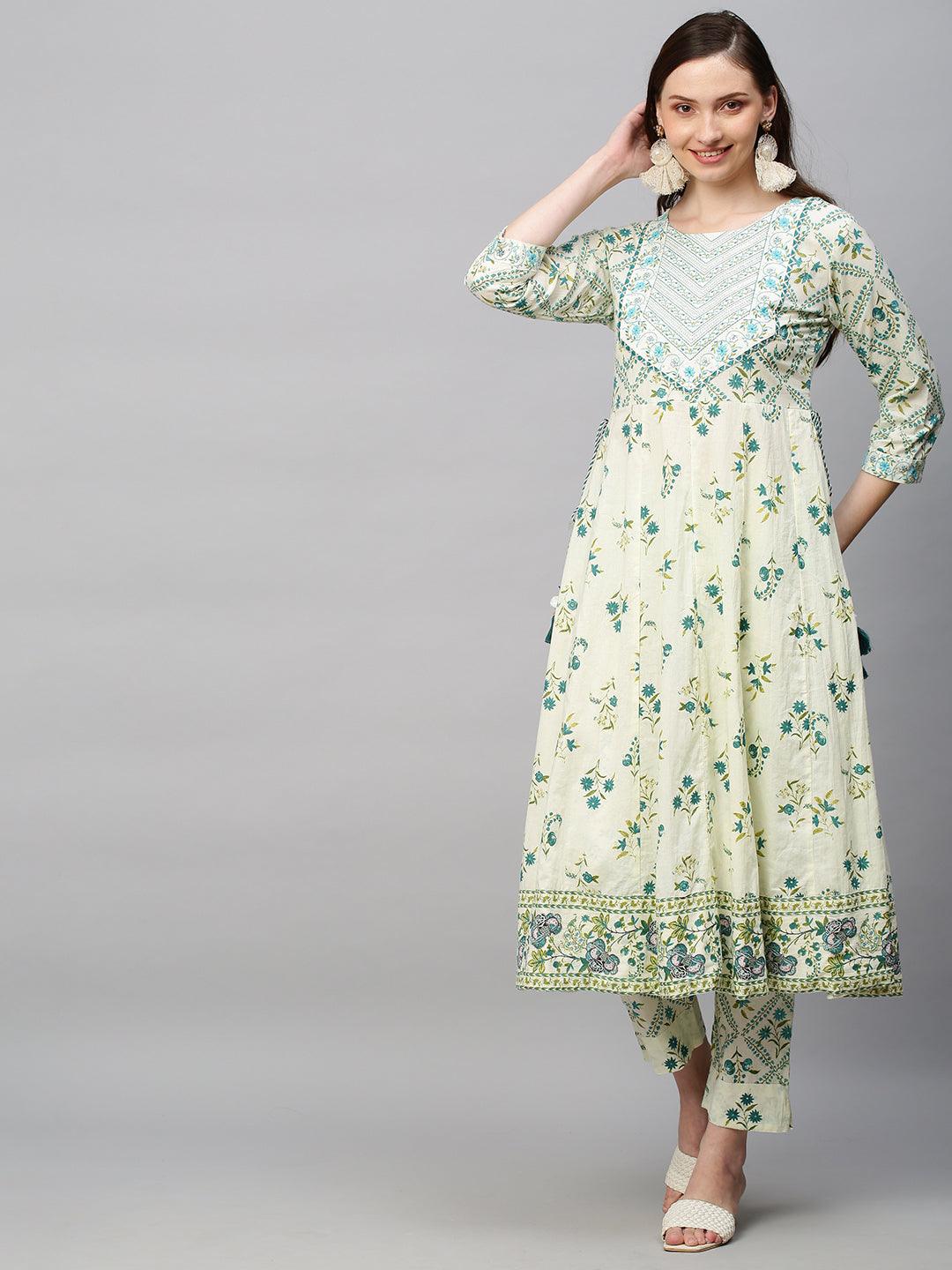 Floral Printed & Embroidered Anarkali Kurta with Pants & Dupatta - Off White - Indiakreations