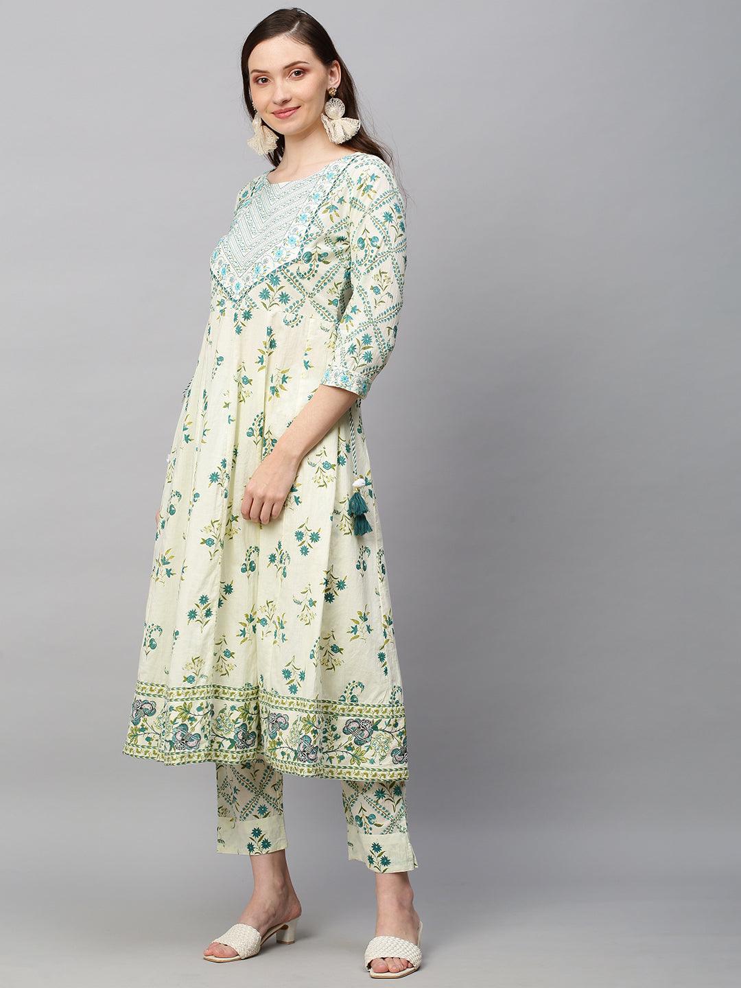 Floral Printed & Embroidered Anarkali Kurta with Pants & Dupatta - Off White - Indiakreations