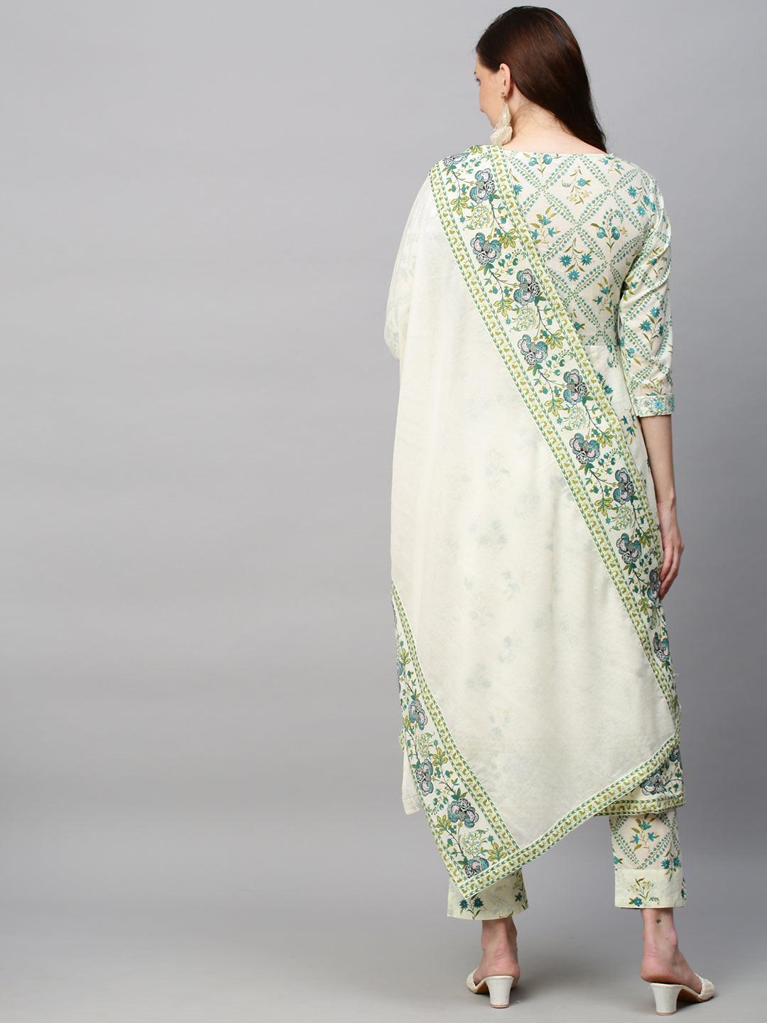 Floral Printed & Embroidered Anarkali Kurta with Pants & Dupatta - Off White - Indiakreations