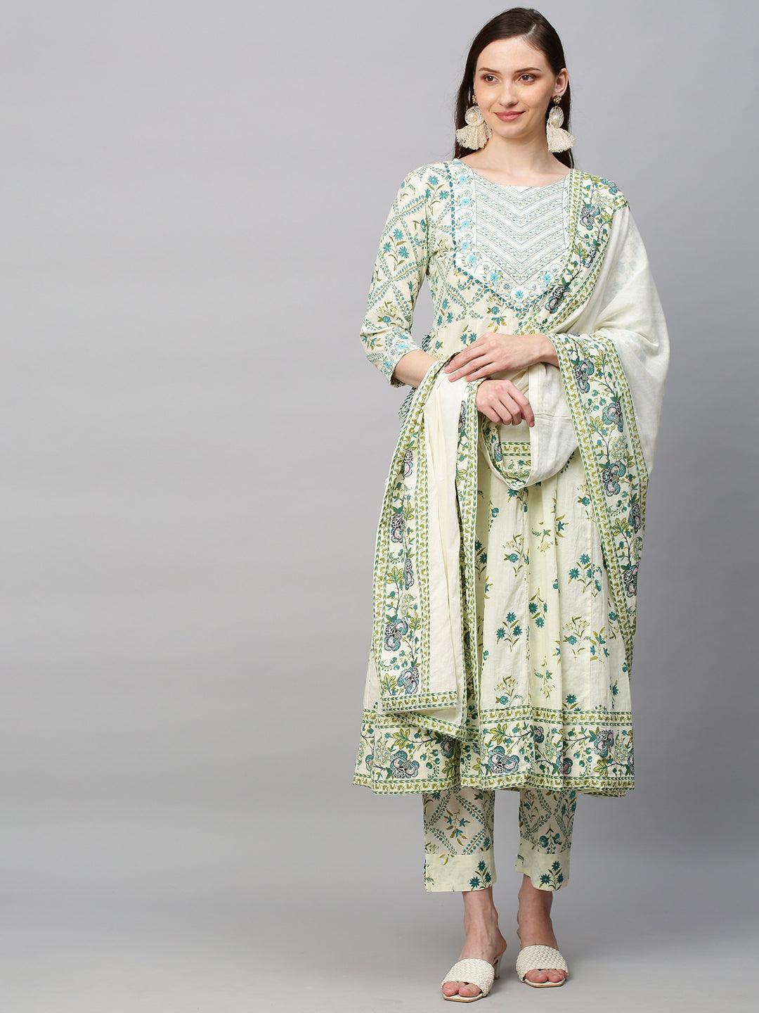 Floral Printed & Embroidered Anarkali Kurta with Pants & Dupatta - Off White - Indiakreations