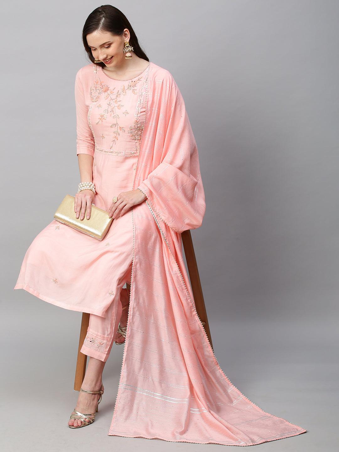 Ethnic Hand Embroidered Straight Kurta with Pants & Dupatta - Pink - Indiakreations