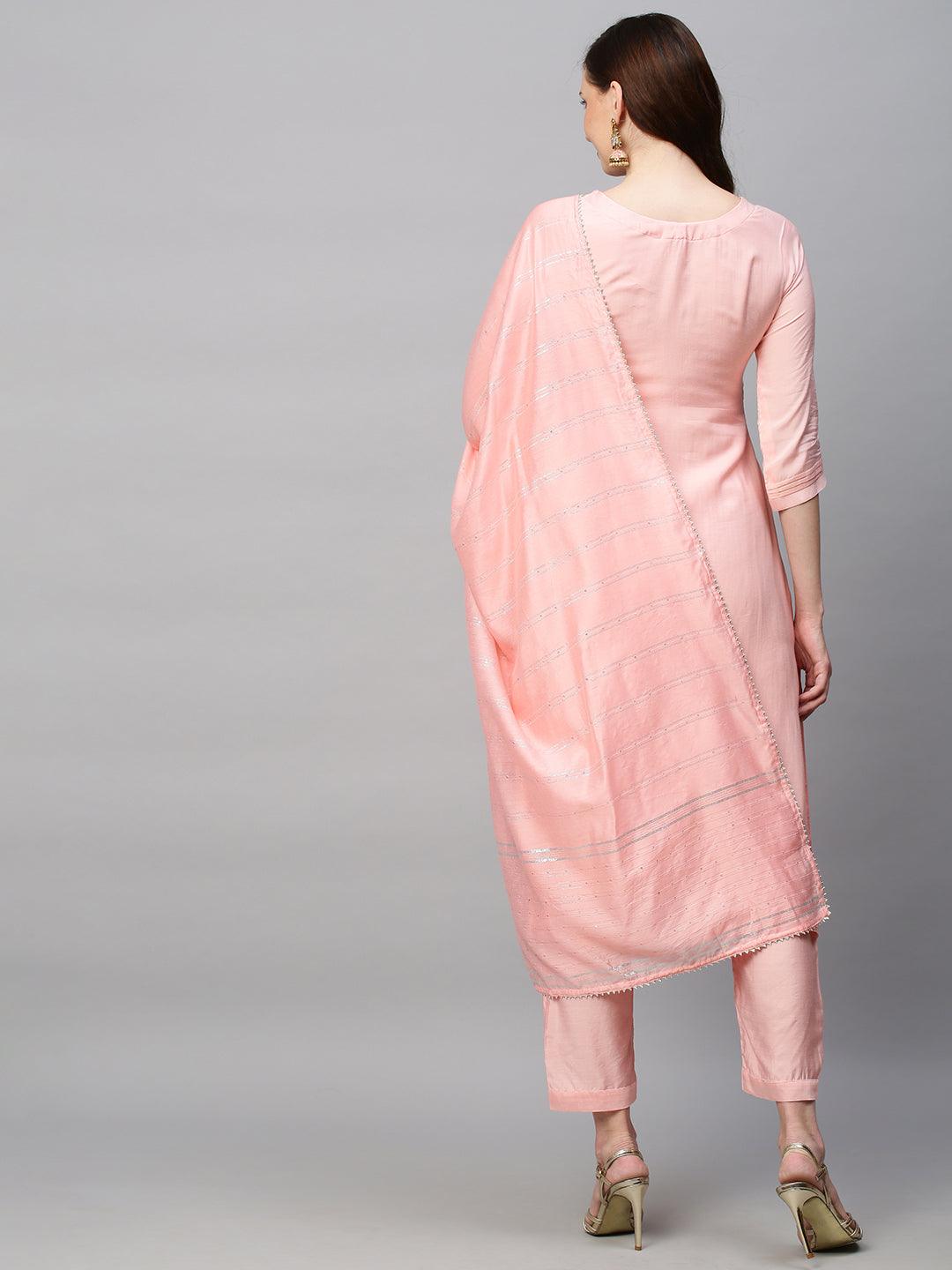 Ethnic Hand Embroidered Straight Kurta with Pants & Dupatta - Pink - Indiakreations