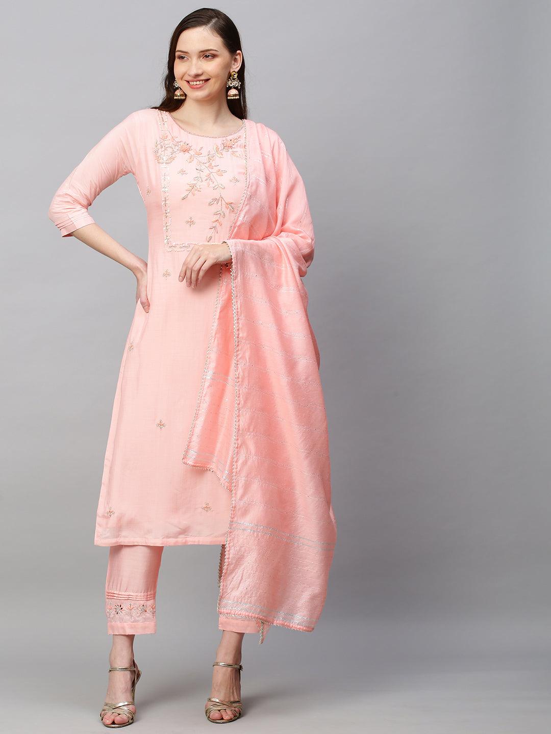 Ethnic Hand Embroidered Straight Kurta with Pants & Dupatta - Pink - Indiakreations