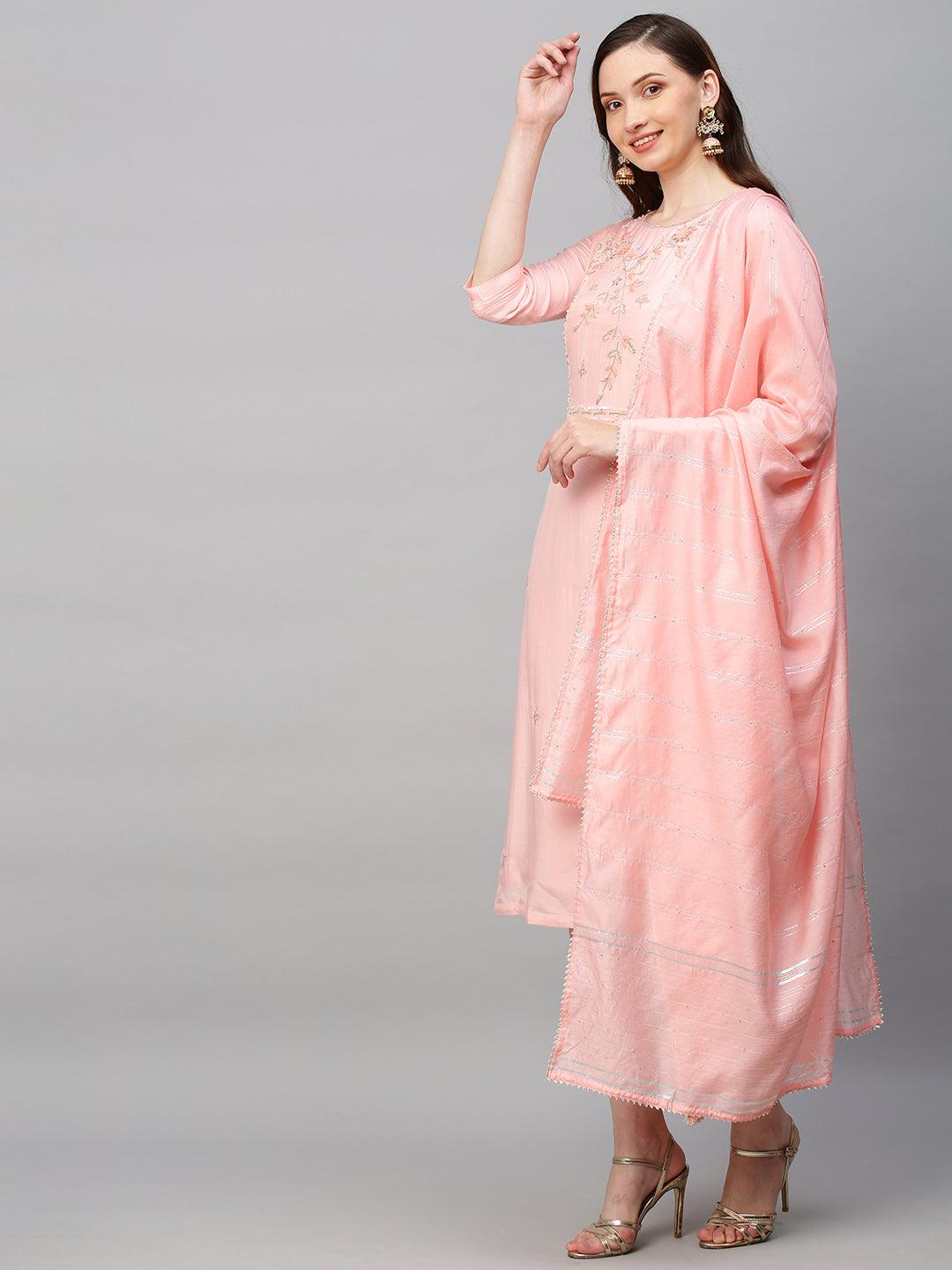 Ethnic Hand Embroidered Straight Kurta with Pants & Dupatta - Pink - Indiakreations