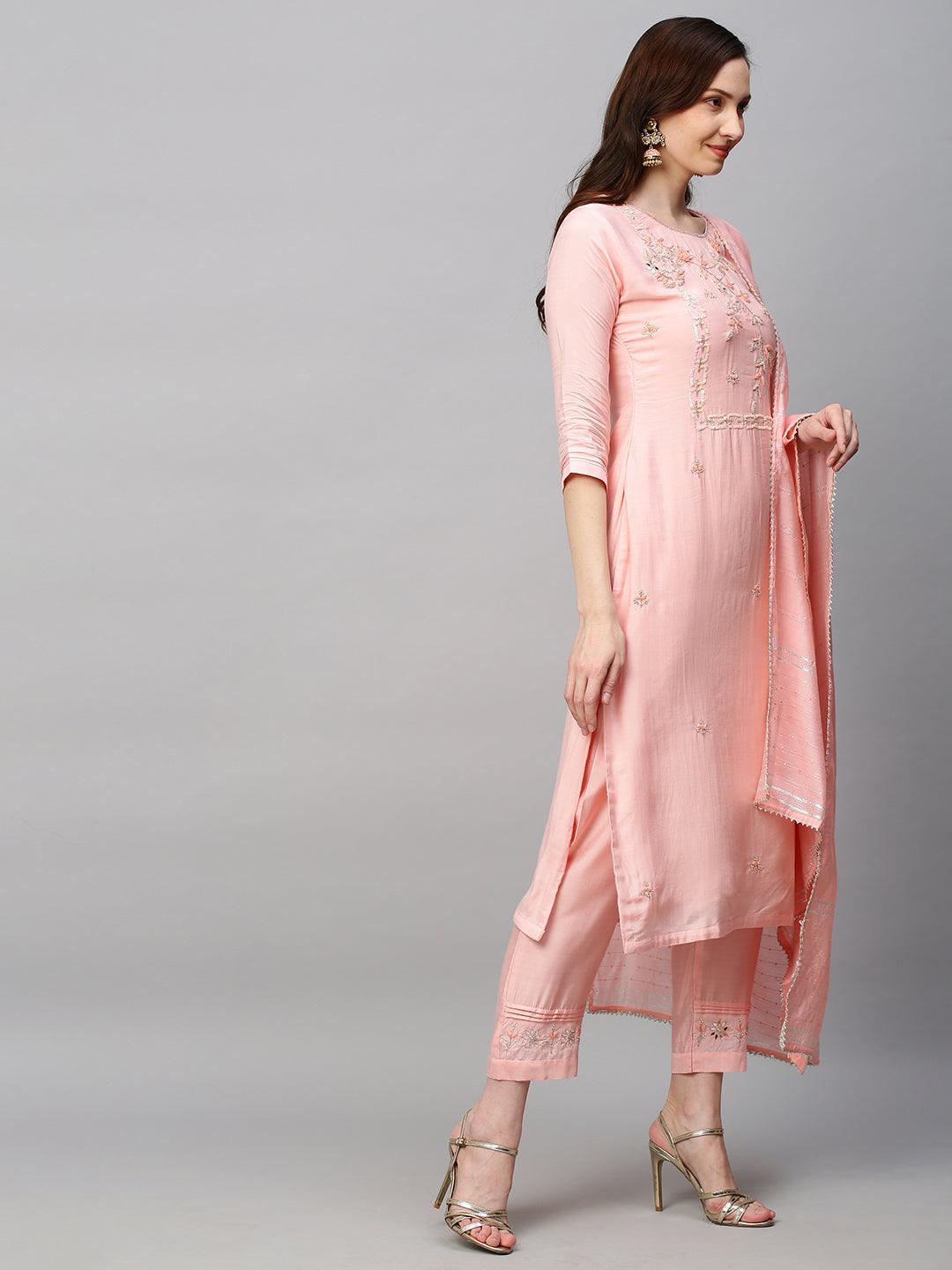 Ethnic Hand Embroidered Straight Kurta with Pants & Dupatta - Pink - Indiakreations