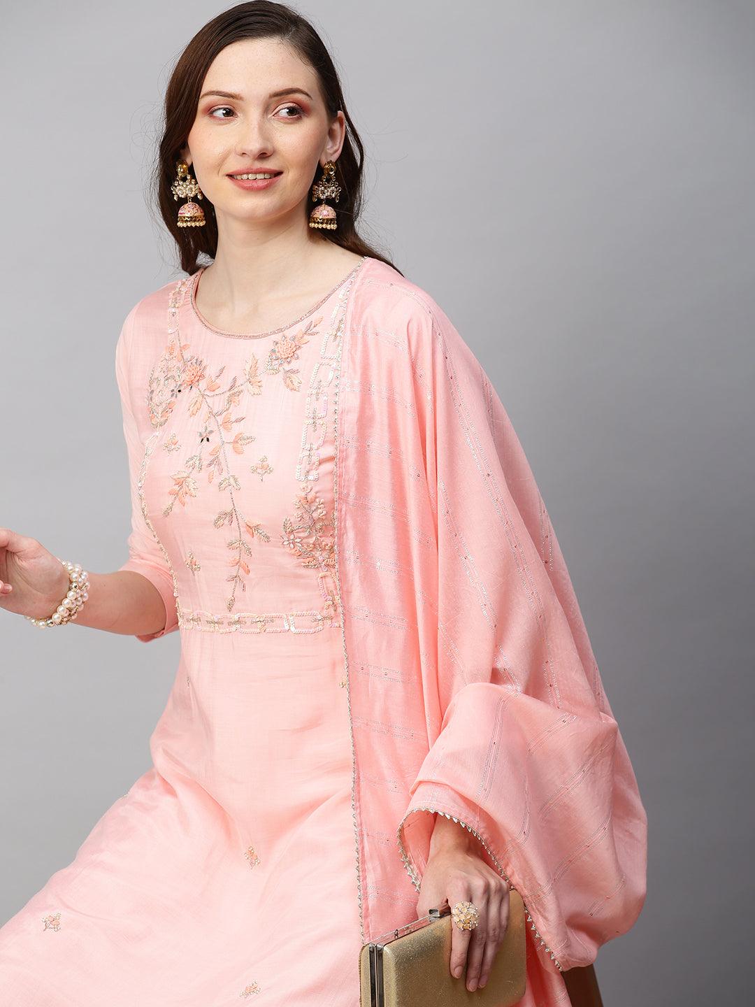 Ethnic Hand Embroidered Straight Kurta with Pants & Dupatta - Pink - Indiakreations