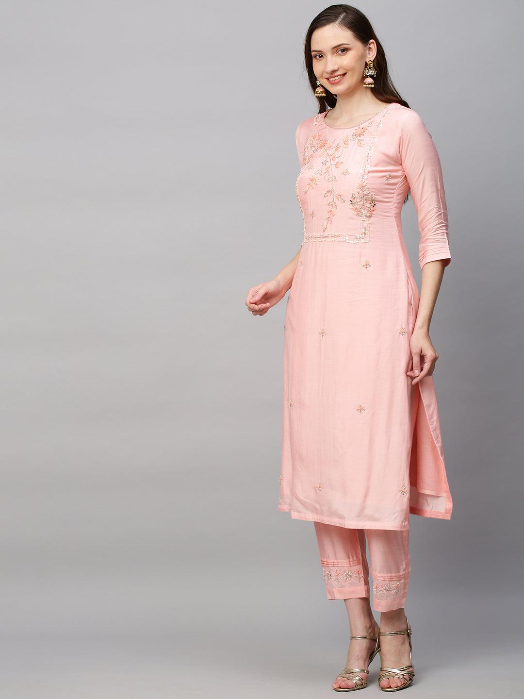 Ethnic Hand Embroidered Straight Kurta with Pants & Dupatta - Pink - Indiakreations