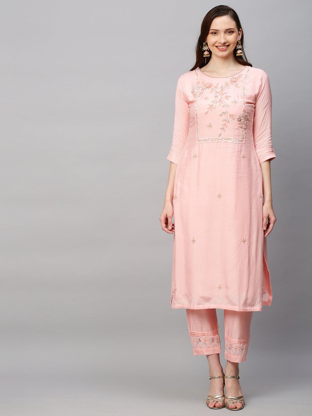 Ethnic Hand Embroidered Straight Kurta with Pants & Dupatta - Pink - Indiakreations