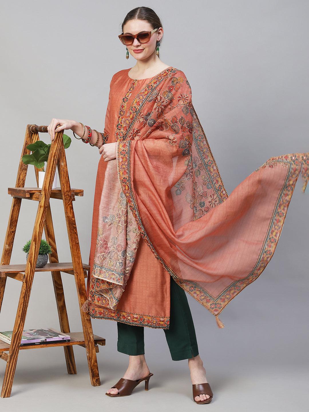 Kantha Hand Embroidered Straight Fit Kurta with Dupatta -Copper - Indiakreations