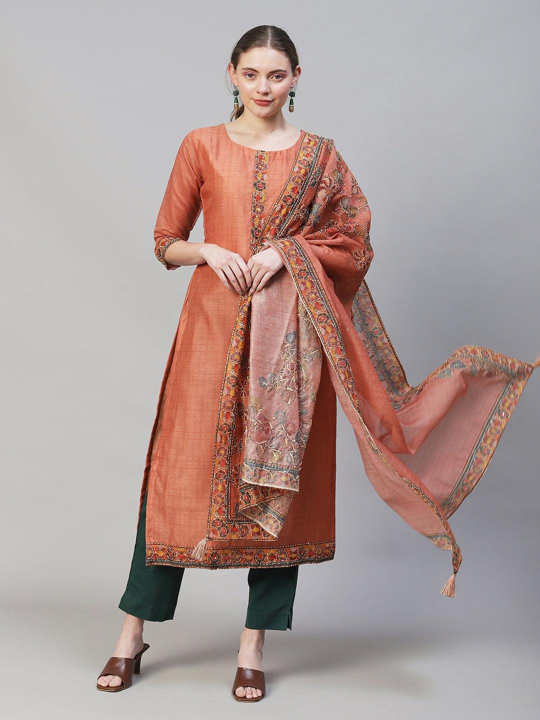 Kantha Hand Embroidered Straight Fit Kurta with Dupatta -Copper - Indiakreations