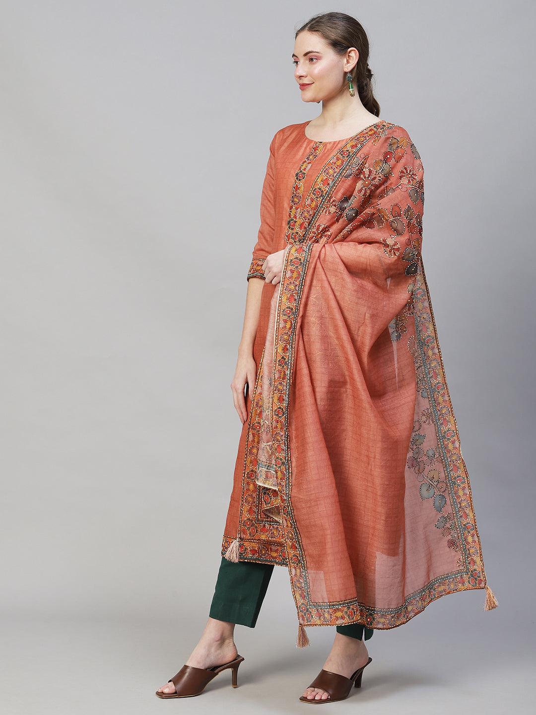 Kantha Hand Embroidered Straight Fit Kurta with Dupatta -Copper - Indiakreations