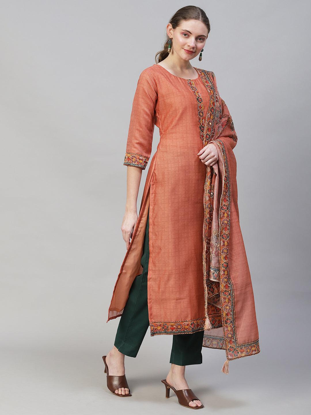 Kantha Hand Embroidered Straight Fit Kurta with Dupatta -Copper - Indiakreations