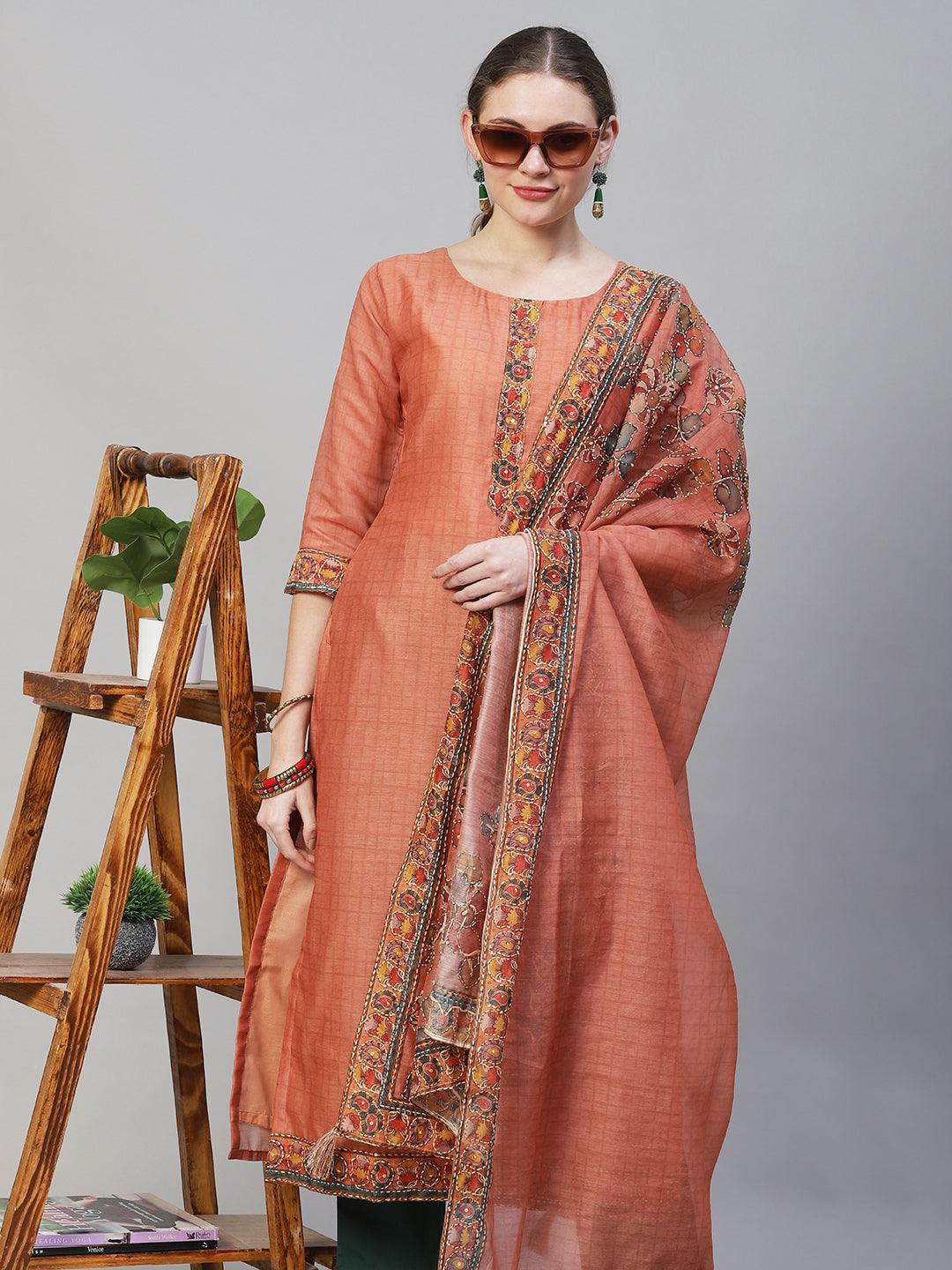 Kantha Hand Embroidered Straight Fit Kurta with Dupatta -Copper - Indiakreations