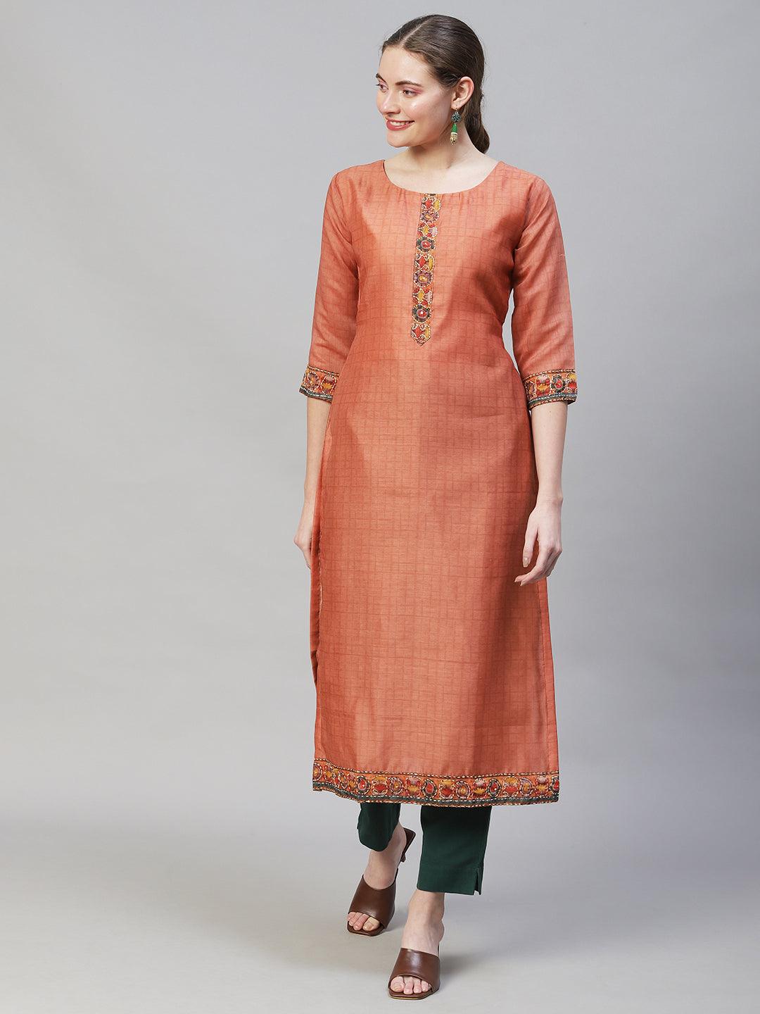 Kantha Hand Embroidered Straight Fit Kurta with Dupatta -Copper - Indiakreations