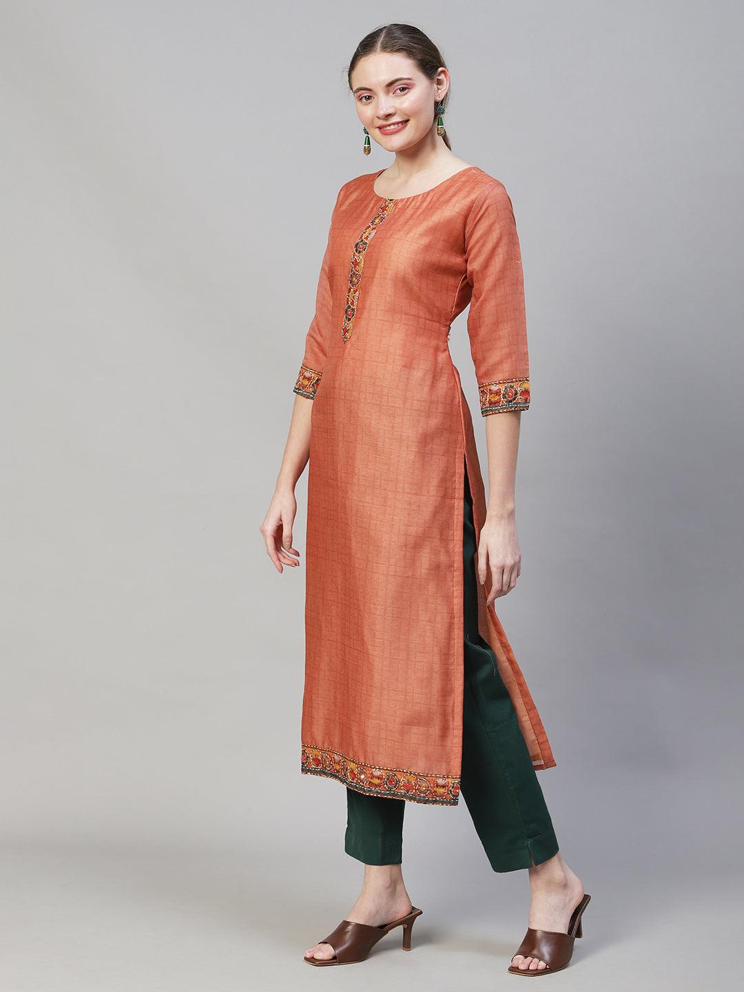 Kantha Hand Embroidered Straight Fit Kurta with Dupatta -Copper - Indiakreations