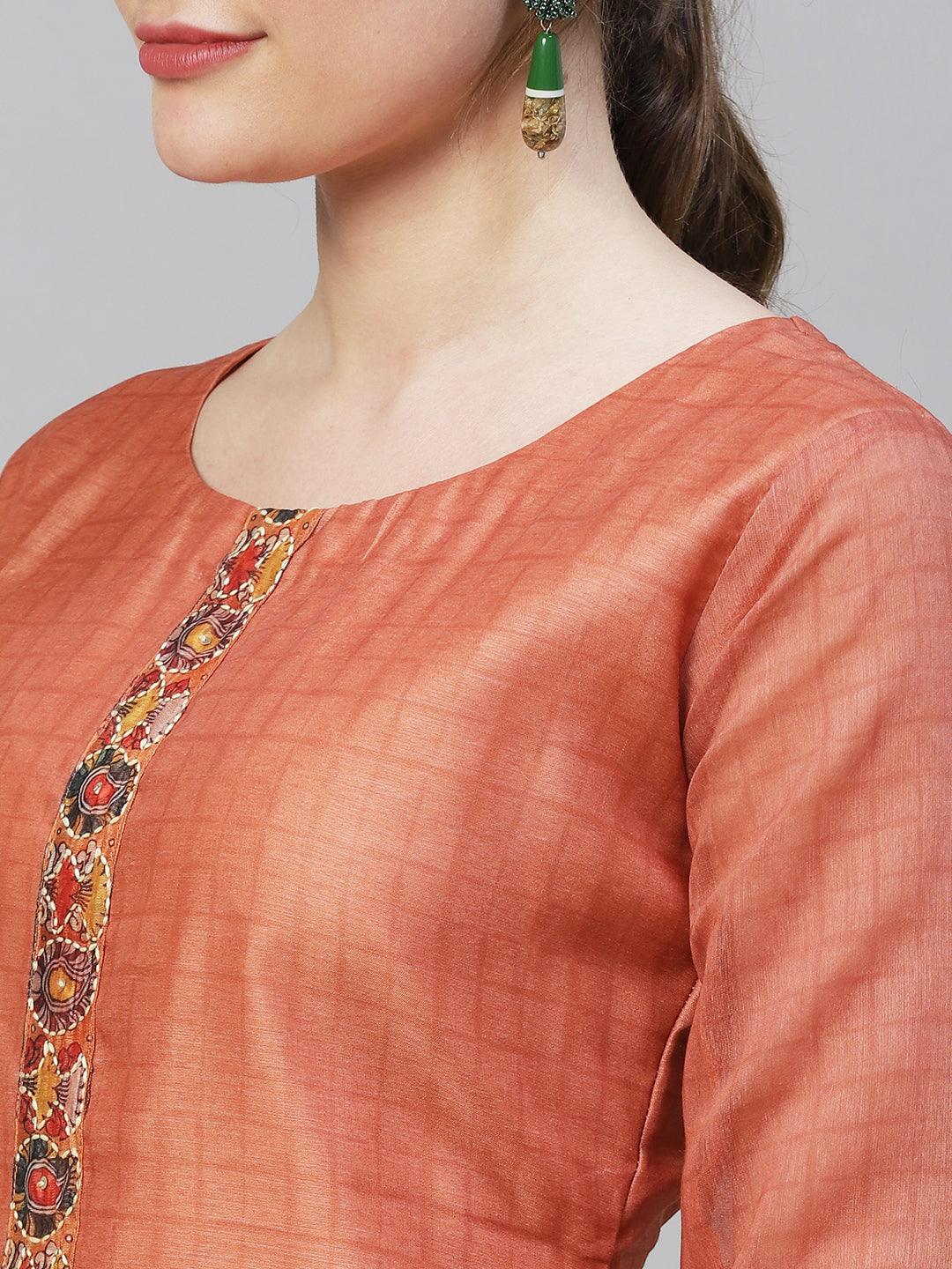 Kantha Hand Embroidered Straight Fit Kurta with Dupatta -Copper - Indiakreations