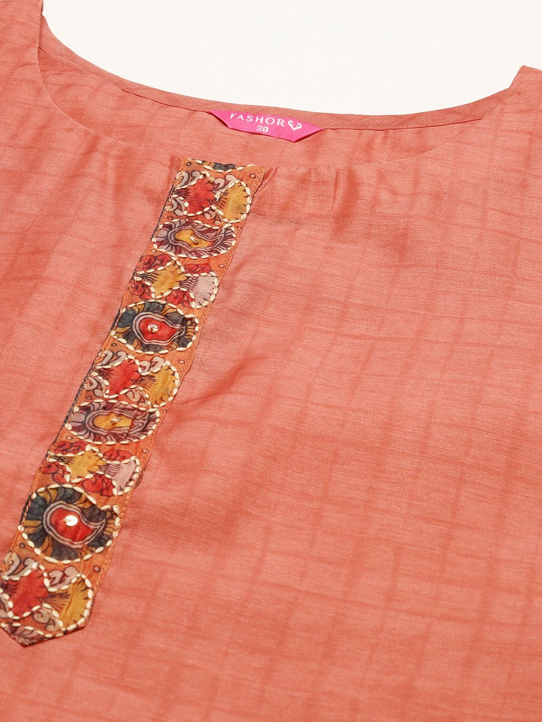 Kantha Hand Embroidered Straight Fit Kurta with Dupatta -Copper - Indiakreations