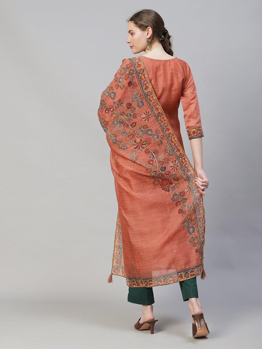 Kantha Hand Embroidered Straight Fit Kurta with Dupatta -Copper - Indiakreations