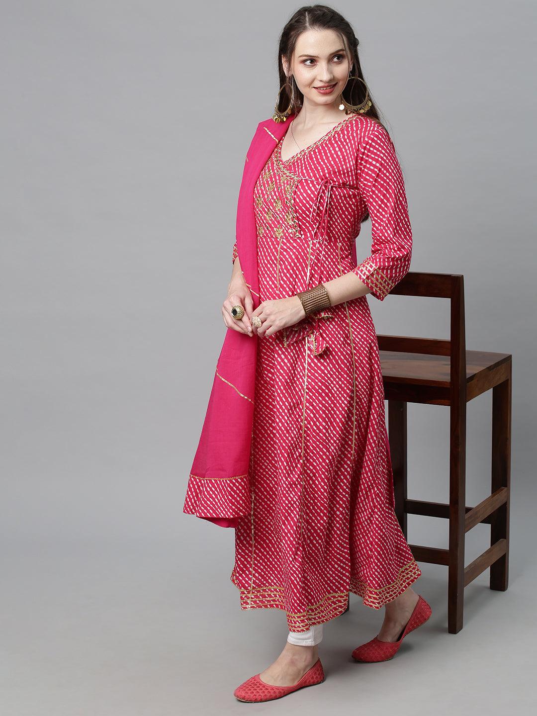 Leheriya Printed & Embroidered Anarkali Maxi Dress with Dupatta - Hot Pink - Indiakreations