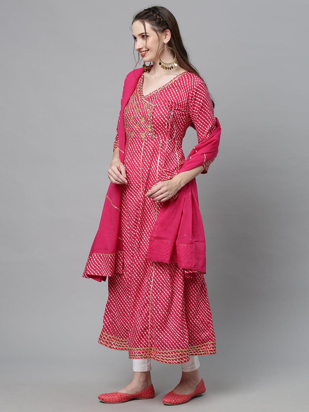 Leheriya Printed & Embroidered Anarkali Maxi Dress with Dupatta - Hot Pink - Indiakreations