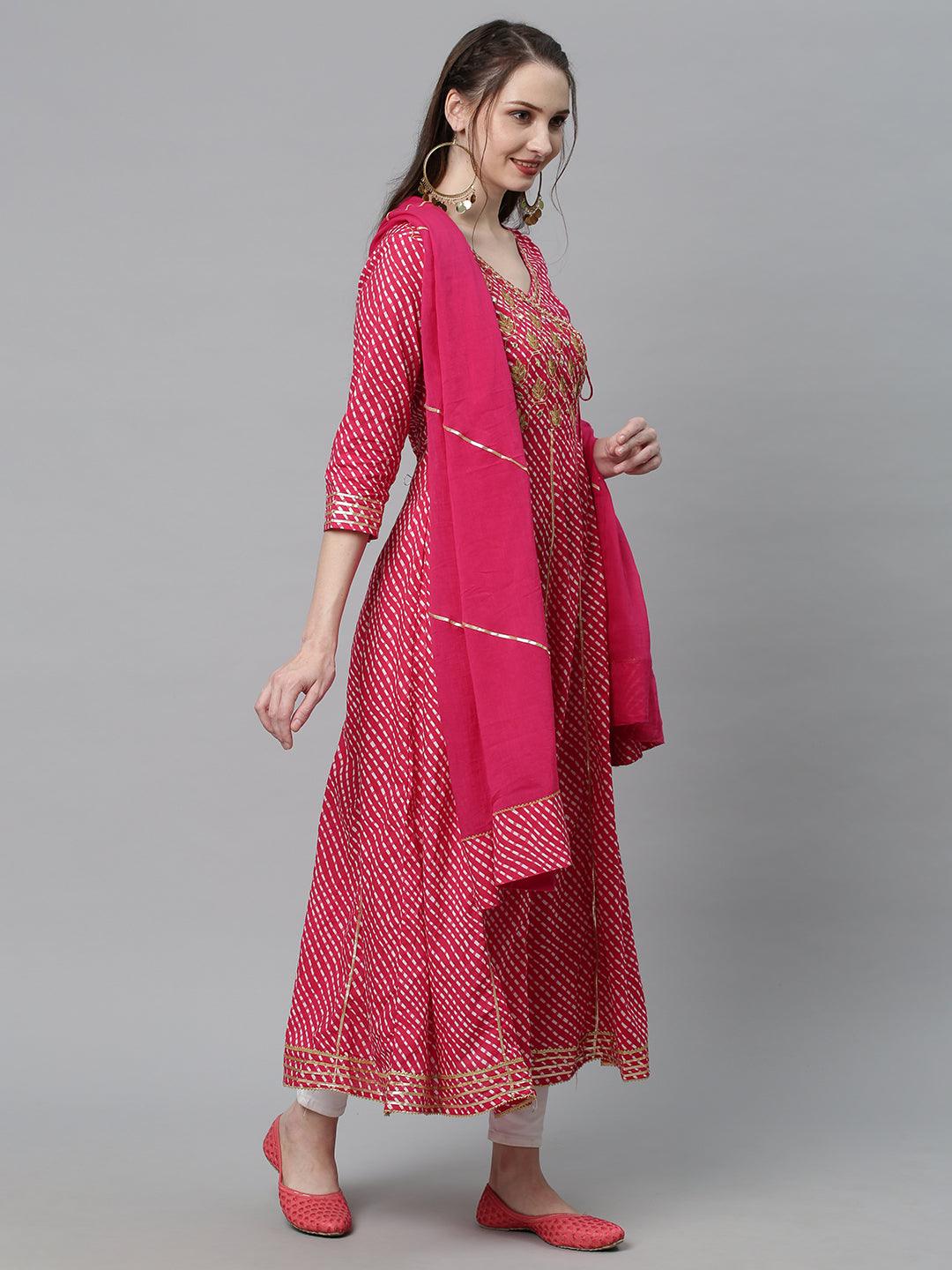 Leheriya Printed & Embroidered Anarkali Maxi Dress with Dupatta - Hot Pink - Indiakreations