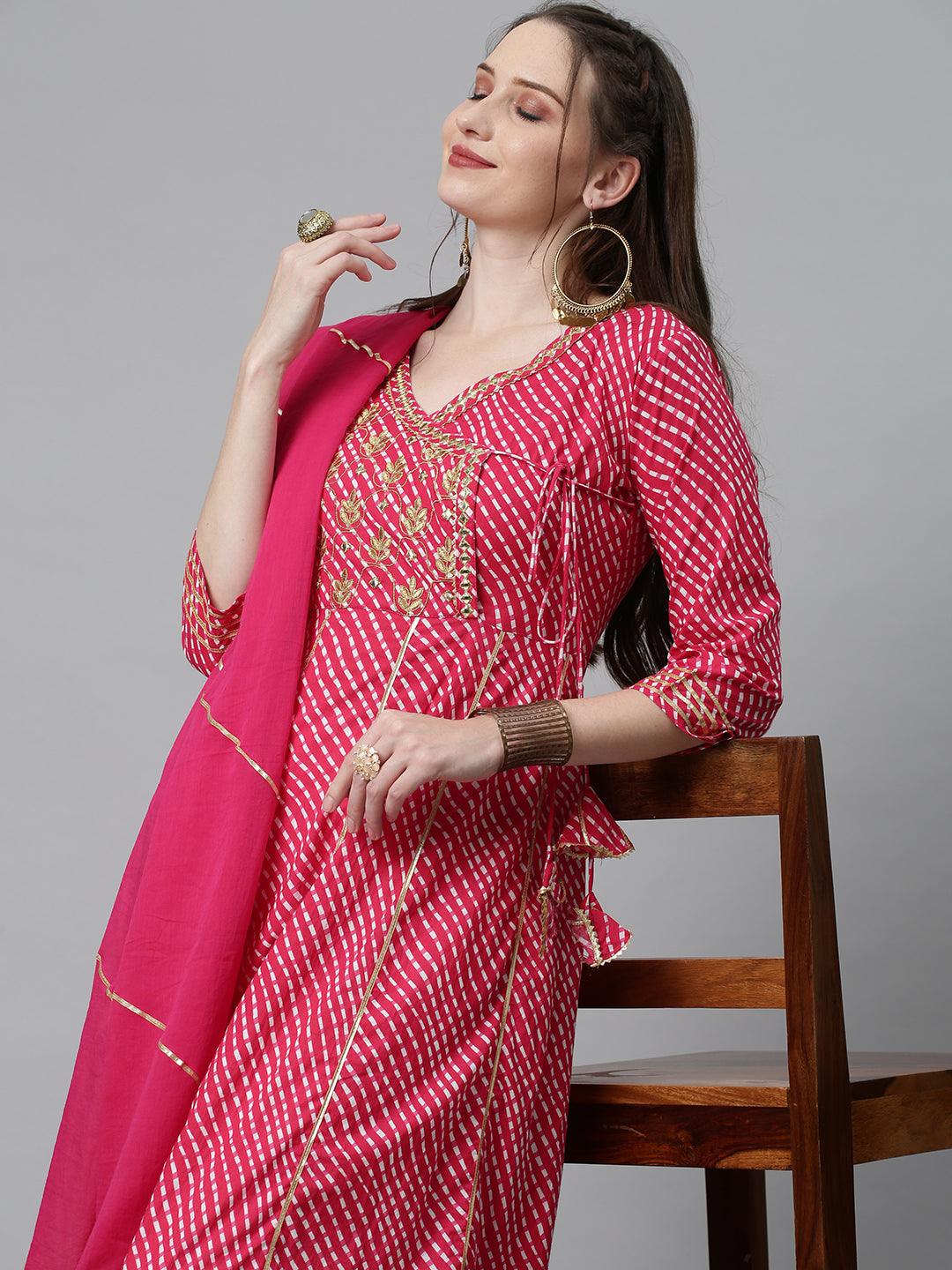 Leheriya Printed & Embroidered Anarkali Maxi Dress with Dupatta - Hot Pink - Indiakreations