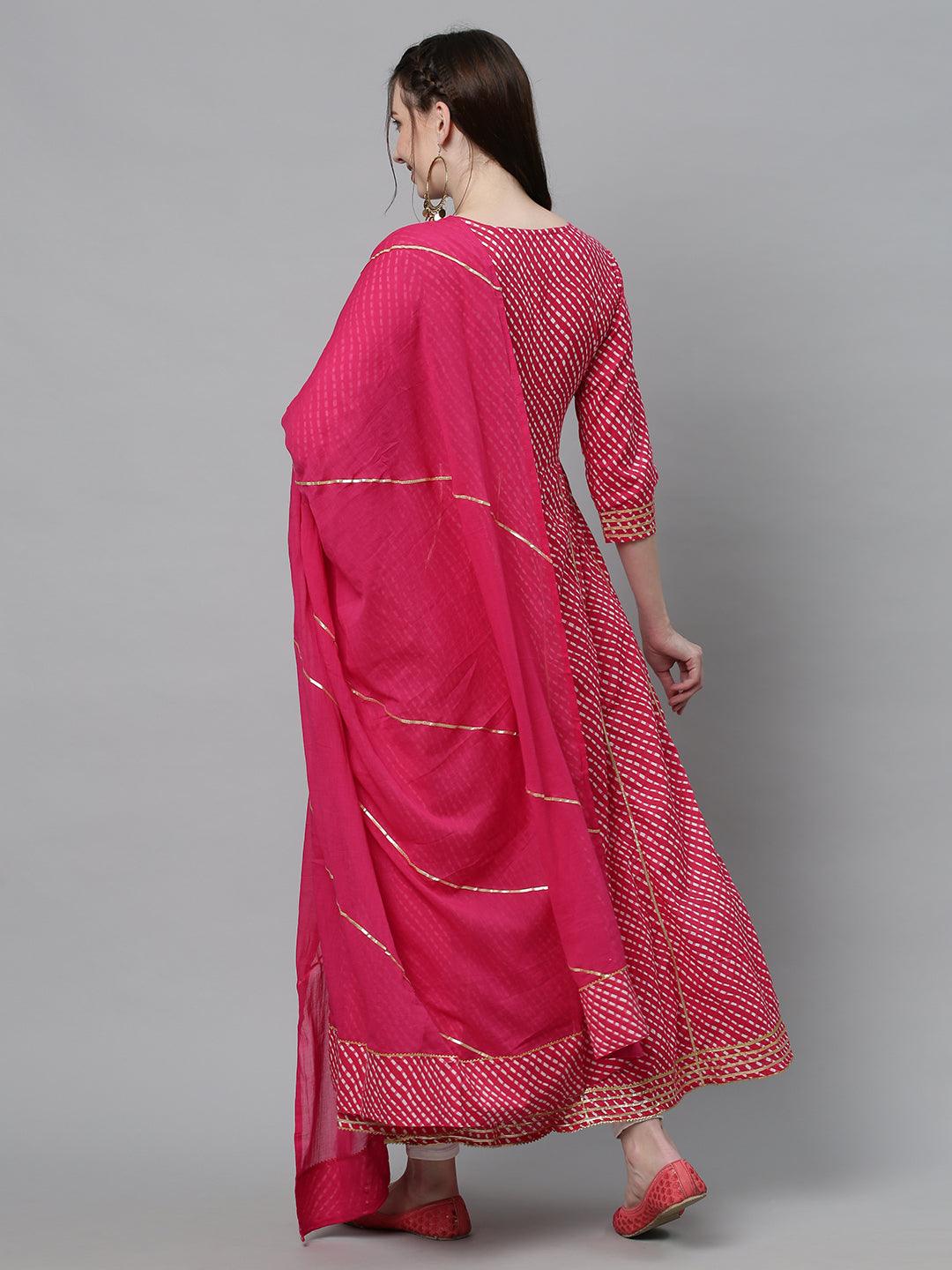 Leheriya Printed & Embroidered Anarkali Maxi Dress with Dupatta - Hot Pink - Indiakreations