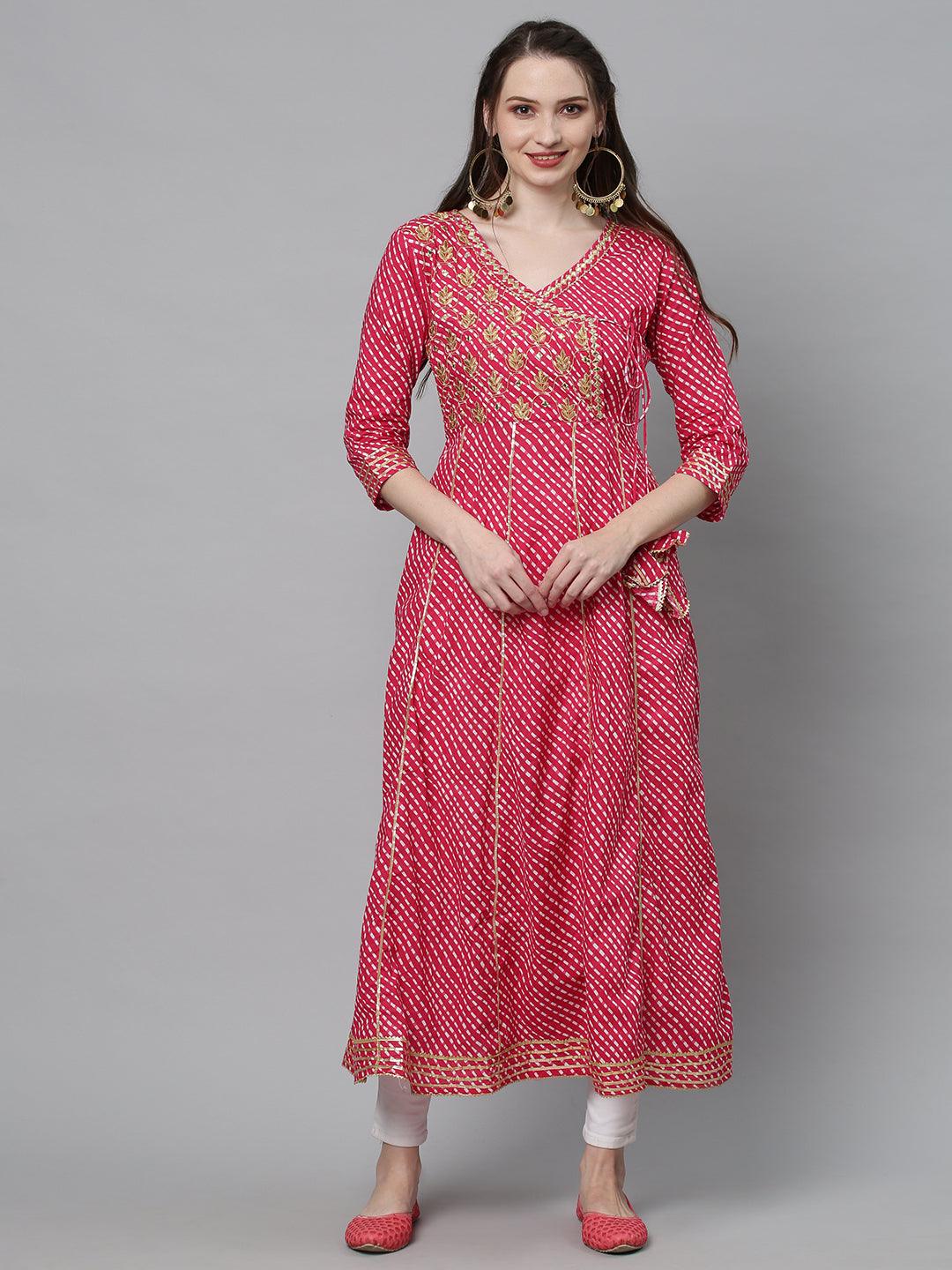 Leheriya Printed & Embroidered Anarkali Maxi Dress with Dupatta - Hot Pink - Indiakreations