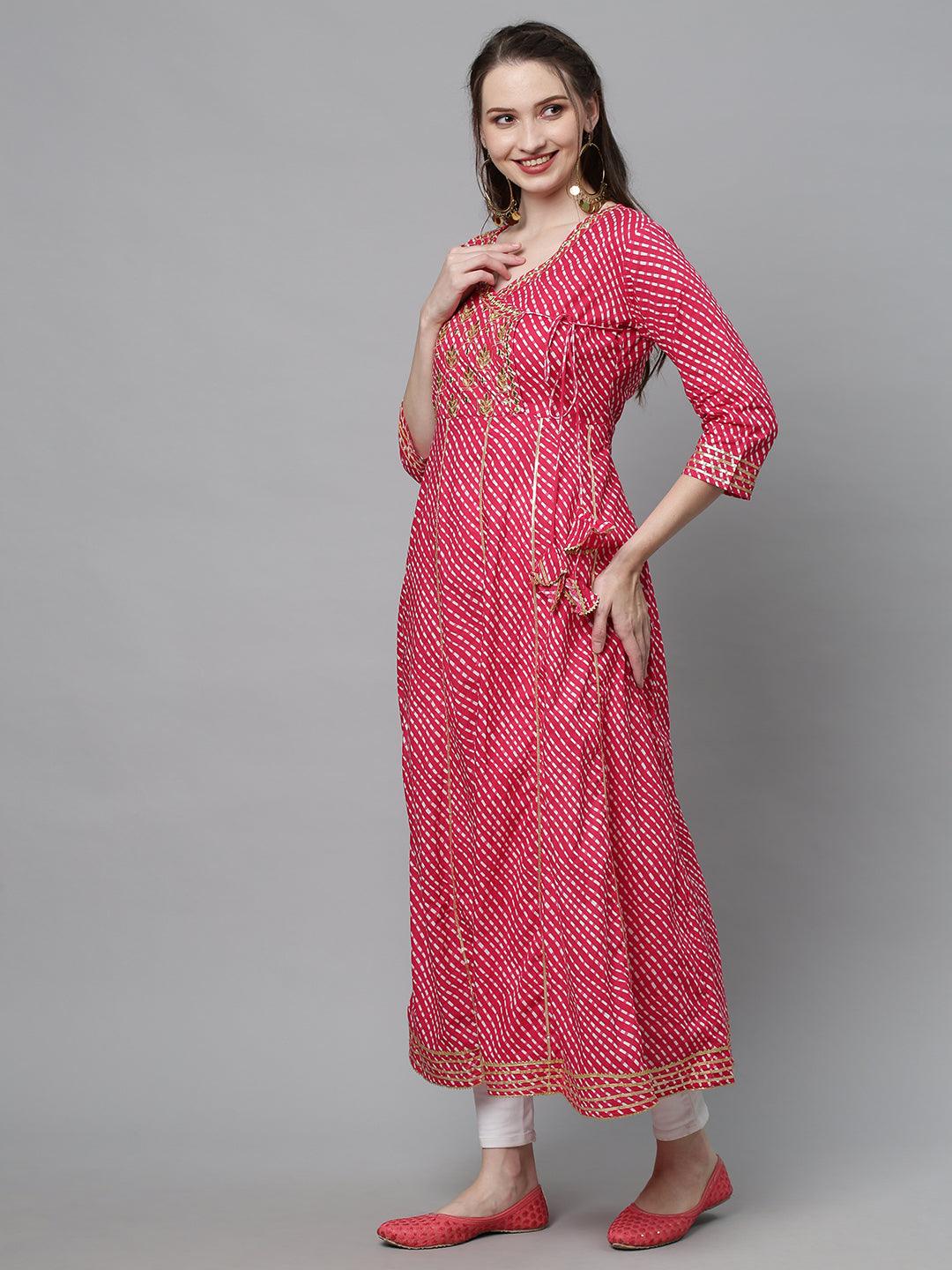 Leheriya Printed & Embroidered Anarkali Maxi Dress with Dupatta - Hot Pink - Indiakreations