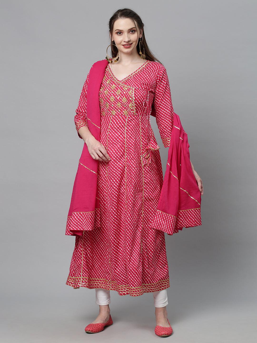 Leheriya Printed & Embroidered Anarkali Maxi Dress with Dupatta - Hot Pink - Indiakreations