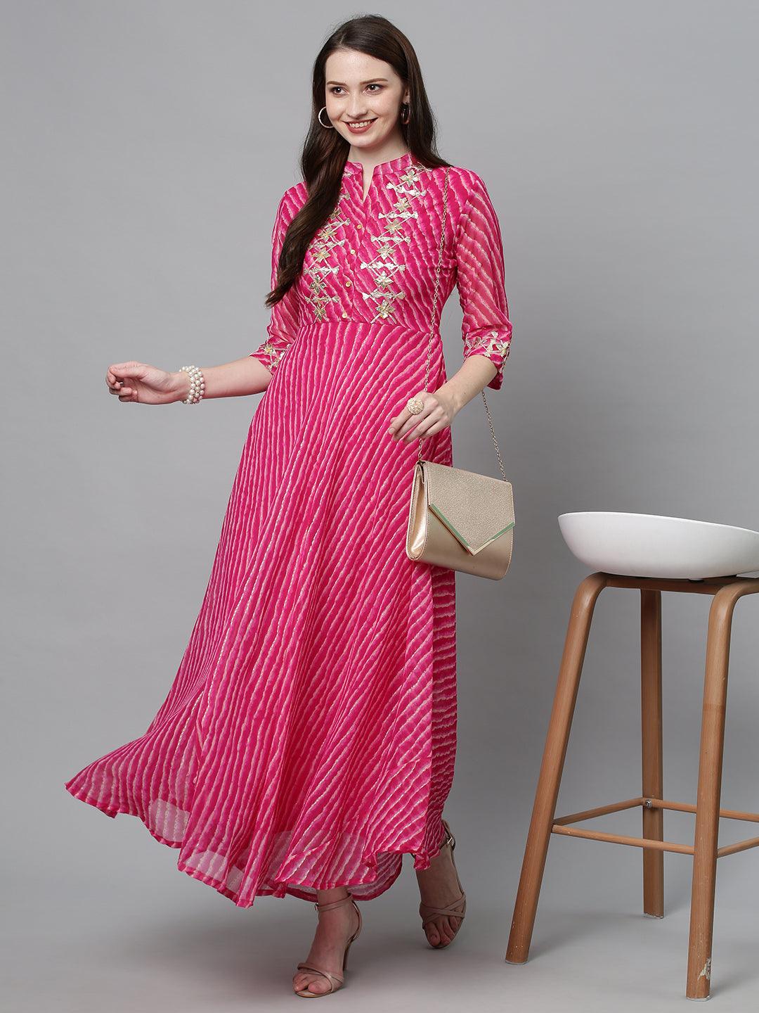 Leheriya Printed & Embroidered Flared Maxi Dress - Hot Pink - Indiakreations