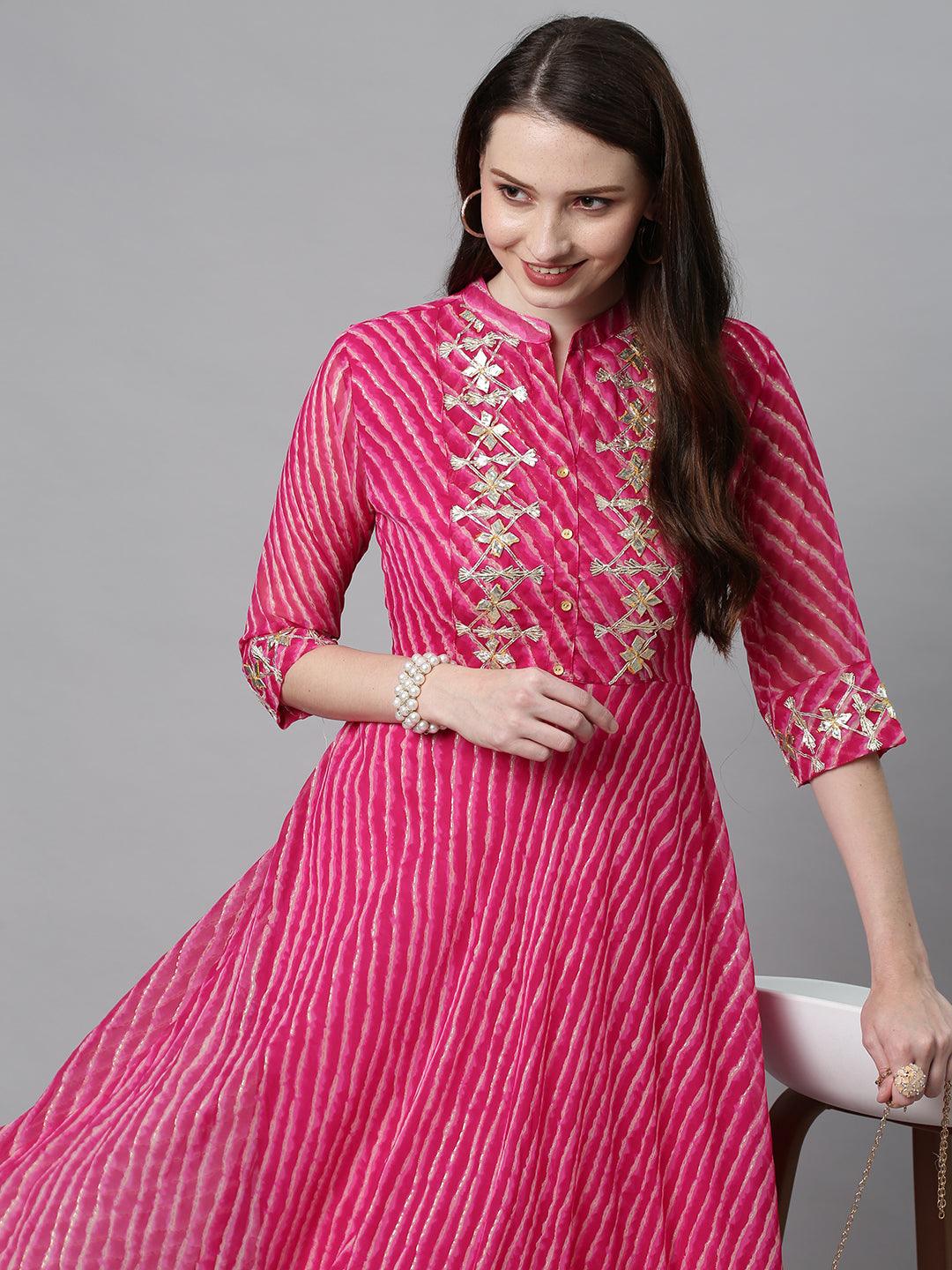 Leheriya Printed & Embroidered Flared Maxi Dress - Hot Pink - Indiakreations