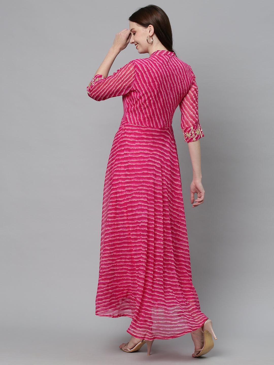 Leheriya Printed & Embroidered Flared Maxi Dress - Hot Pink - Indiakreations