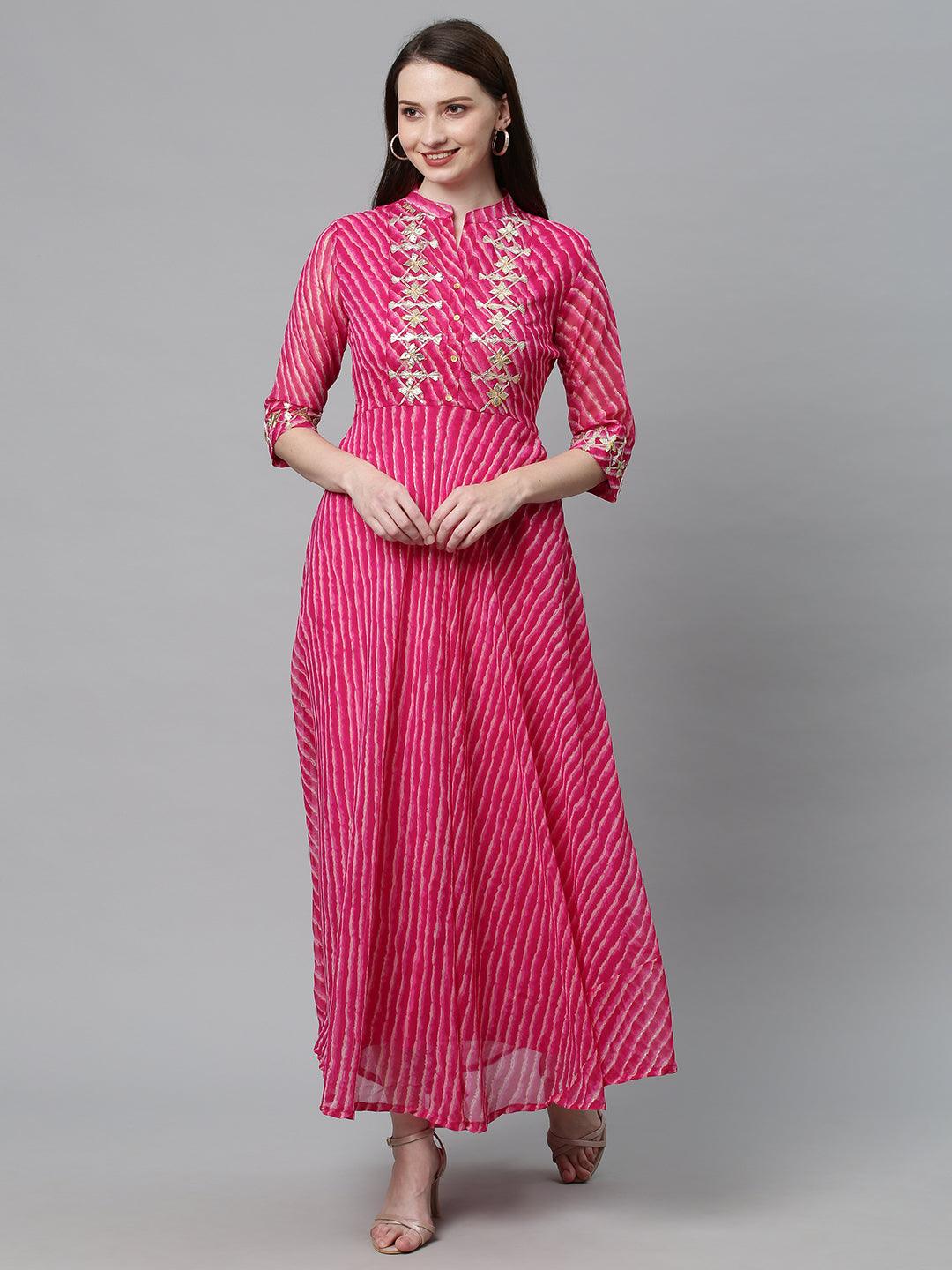 Leheriya Printed & Embroidered Flared Maxi Dress - Hot Pink - Indiakreations