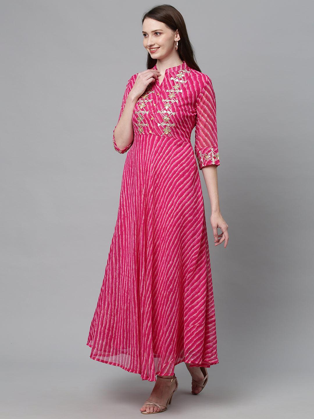 Leheriya Printed & Embroidered Flared Maxi Dress - Hot Pink - Indiakreations