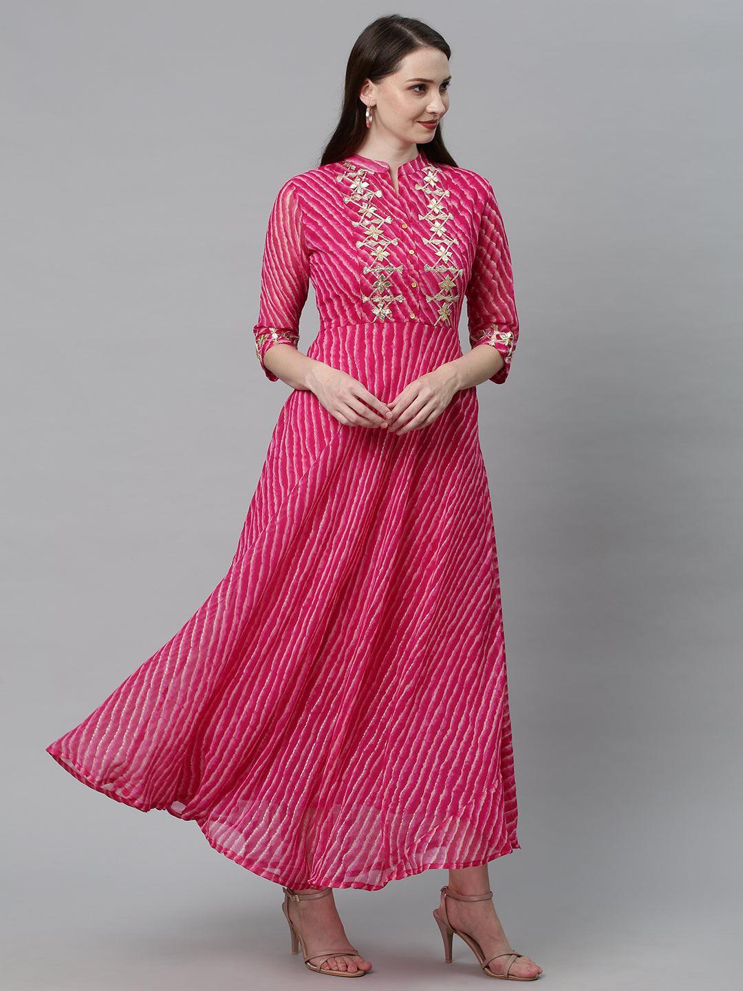 Leheriya Printed & Embroidered Flared Maxi Dress - Hot Pink - Indiakreations