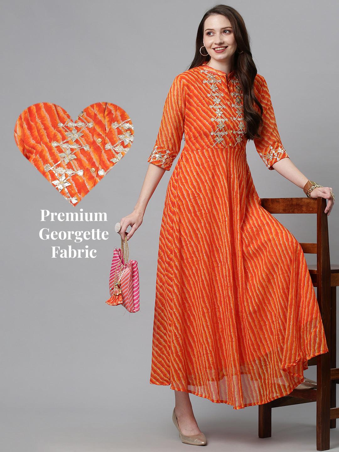 Leheriya Printed & Embroidered Flared Maxi Dress - Orange - Indiakreations