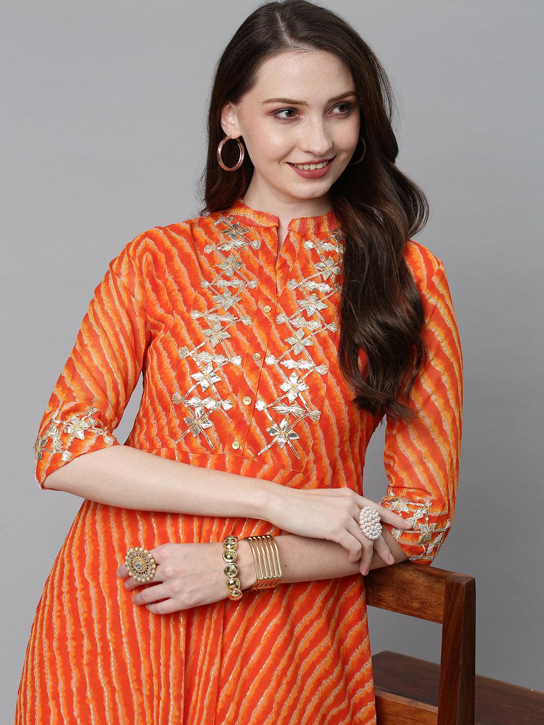 Leheriya Printed & Embroidered Flared Maxi Dress - Orange - Indiakreations