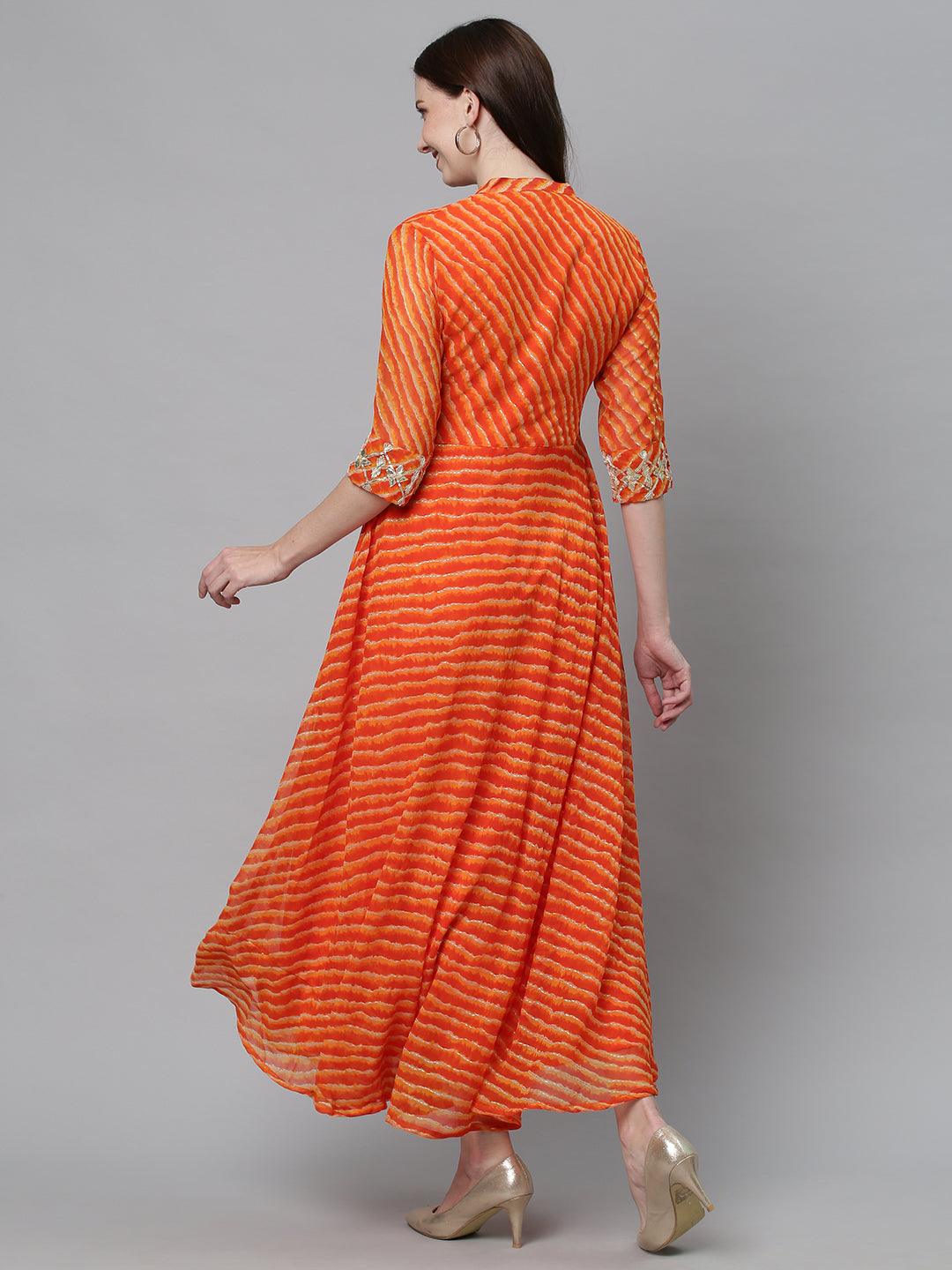 Leheriya Printed & Embroidered Flared Maxi Dress - Orange - Indiakreations