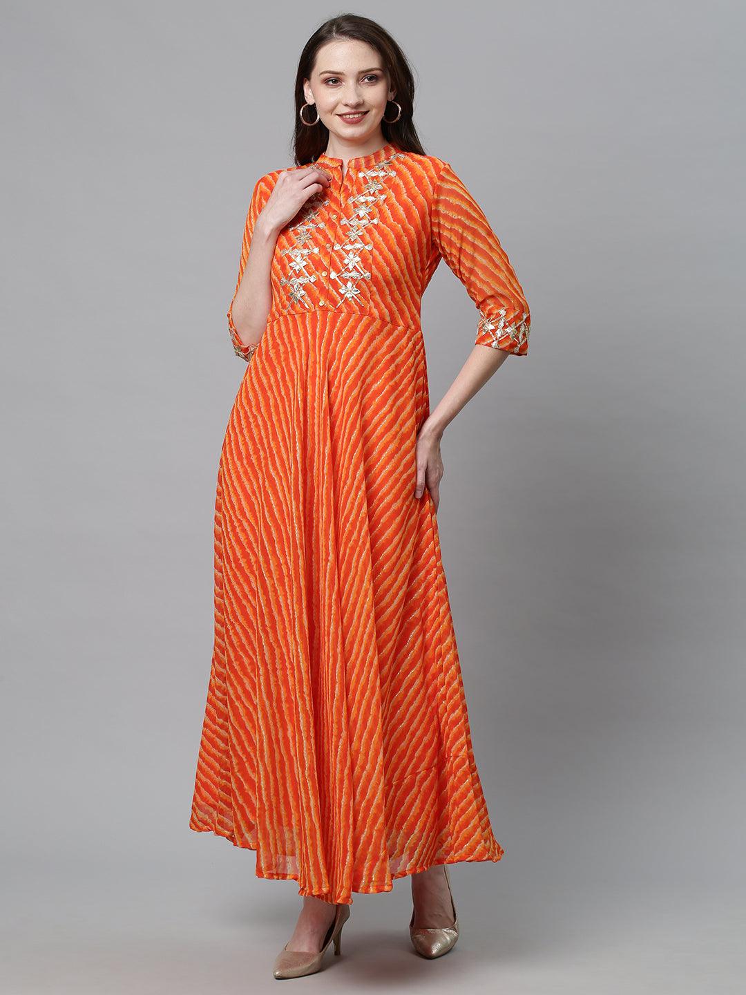 Leheriya Printed & Embroidered Flared Maxi Dress - Orange - Indiakreations