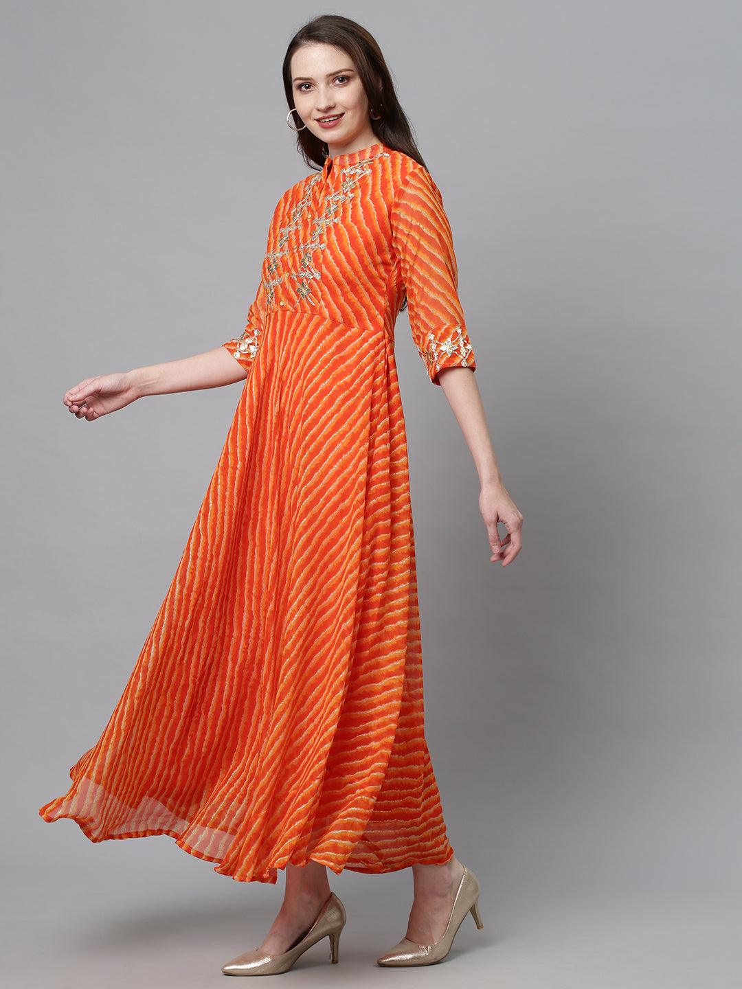 Leheriya Printed & Embroidered Flared Maxi Dress - Orange - Indiakreations