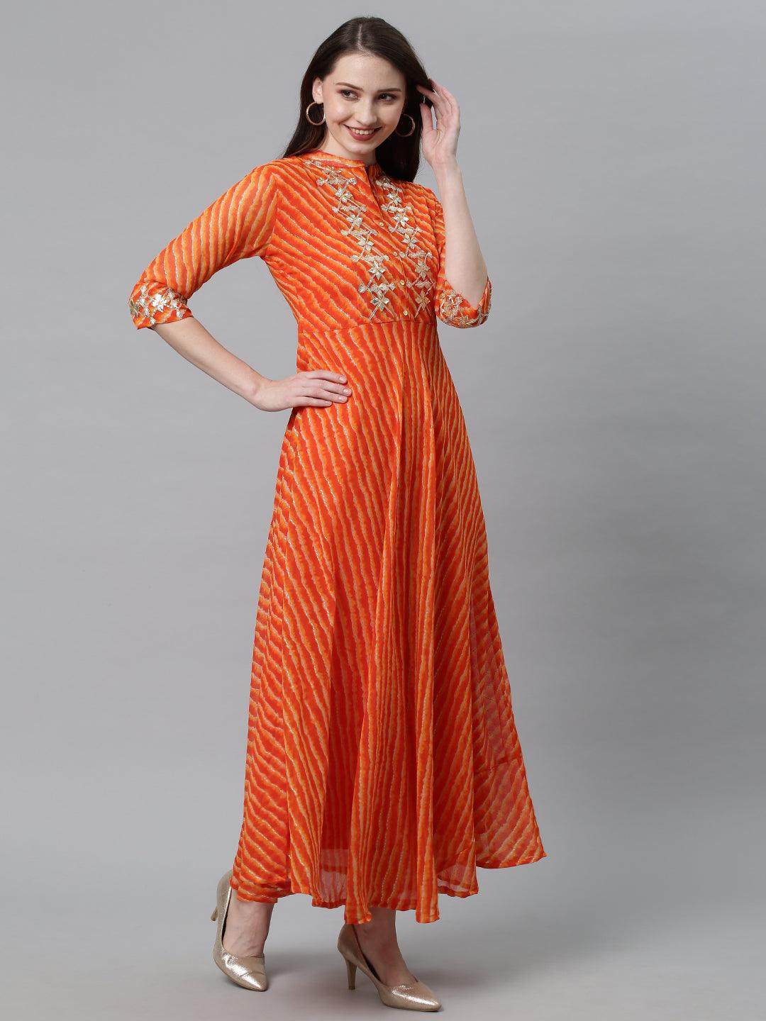 Leheriya Printed & Embroidered Flared Maxi Dress - Orange - Indiakreations