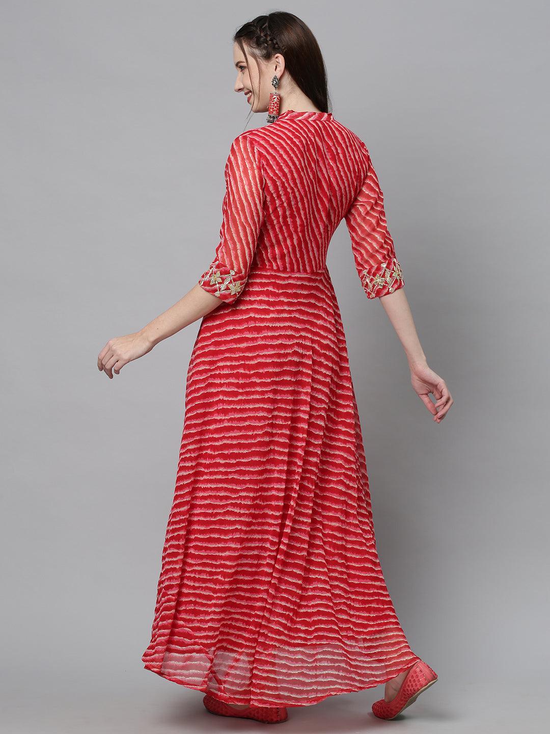 Leheriya Printed & Embroidered A-Line Flared Maxi Dress - Red - Indiakreations