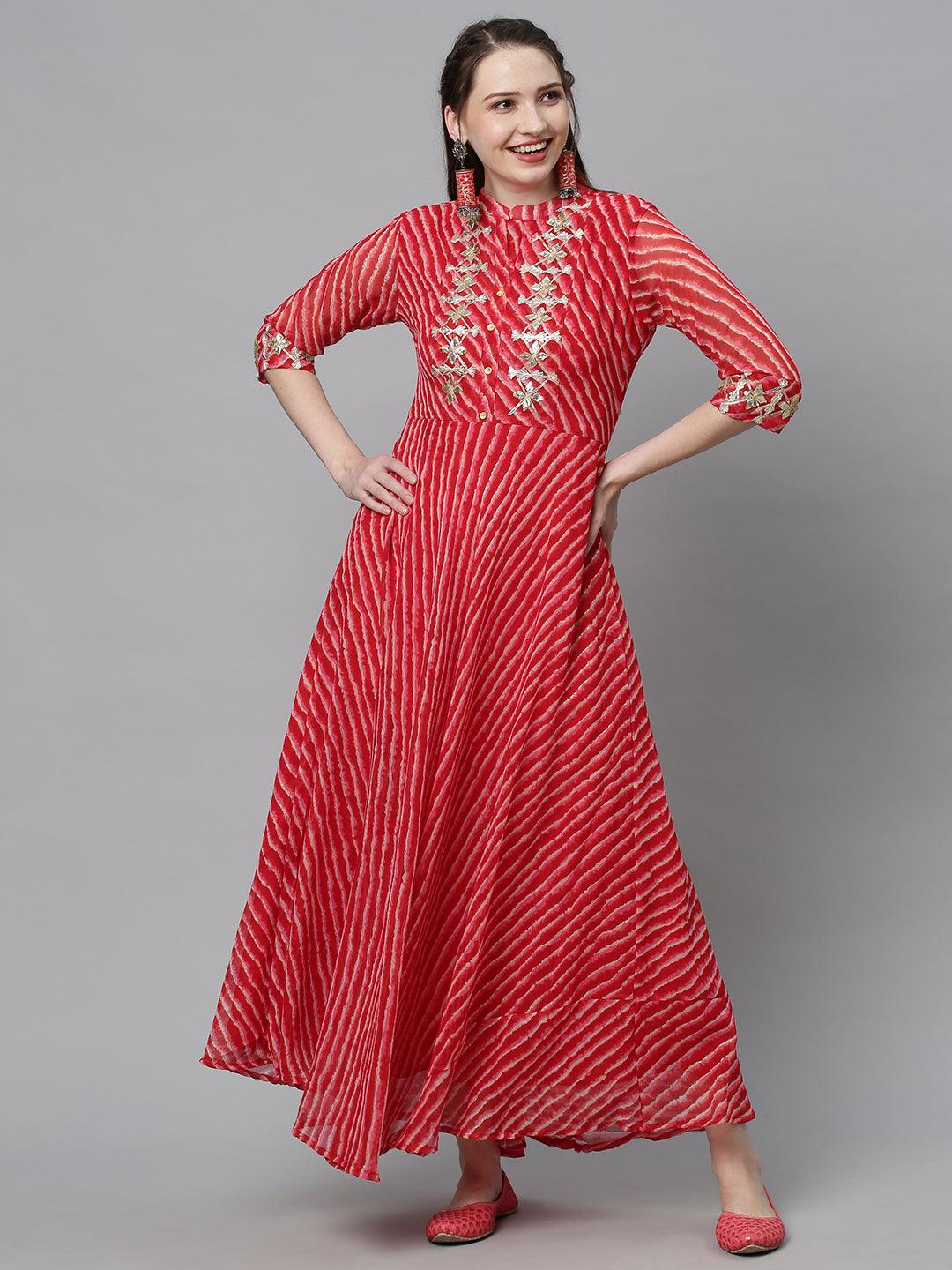 Leheriya Printed & Embroidered A-Line Flared Maxi Dress - Red - Indiakreations