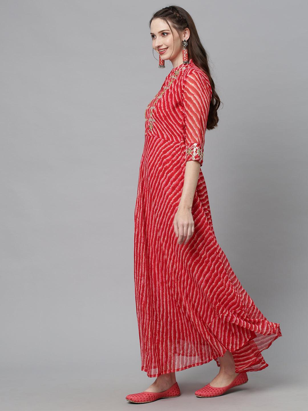 Leheriya Printed & Embroidered A-Line Flared Maxi Dress - Red - Indiakreations