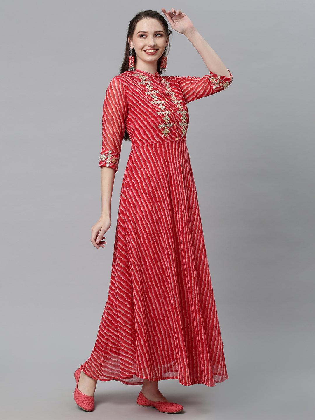 Leheriya Printed & Embroidered A-Line Flared Maxi Dress - Red - Indiakreations